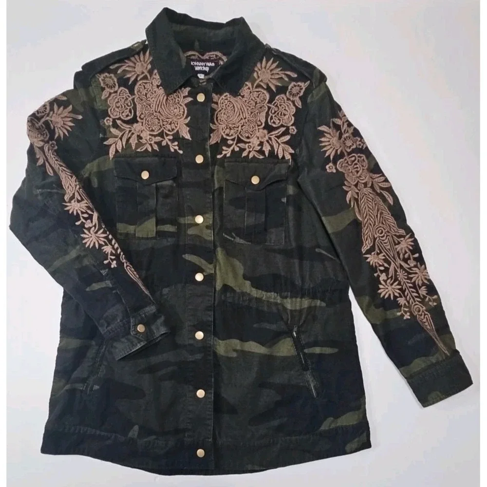 JOHNNY WAS 3J Workshop Miloqui Drawstring Military Coat Floral Embroidered Sz Sm